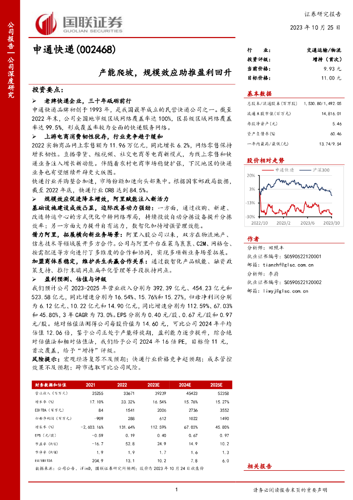 国联证券:申通<em>快递</em>(002468)-产能爬坡,规模效应助推盈利回升 海报