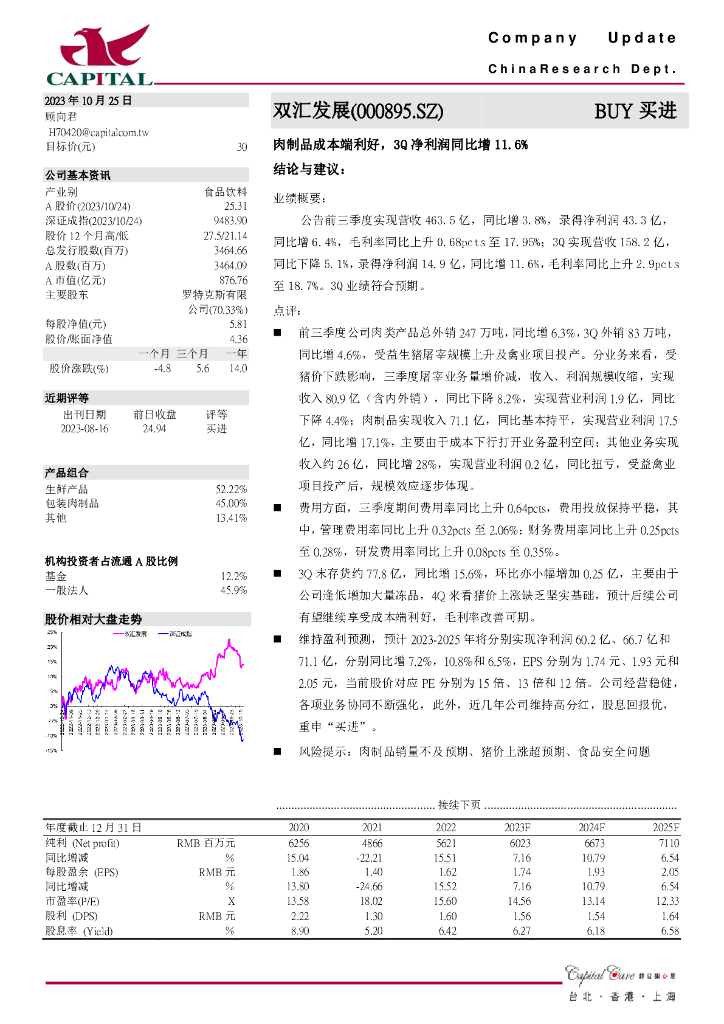 群益证券：双汇发展（000895）-肉制品成本端利好，3Q净利润同比增11.6%