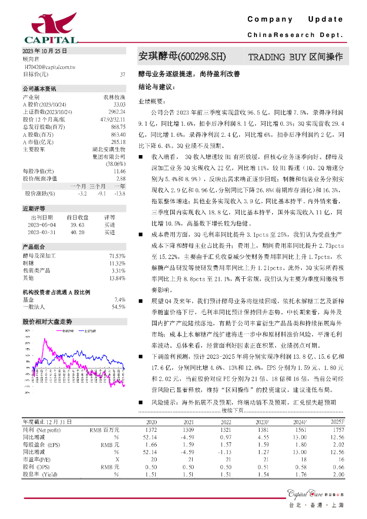 群益证券：安琪酵母（600298）-酵母业务逐级提速，尚待盈利改善