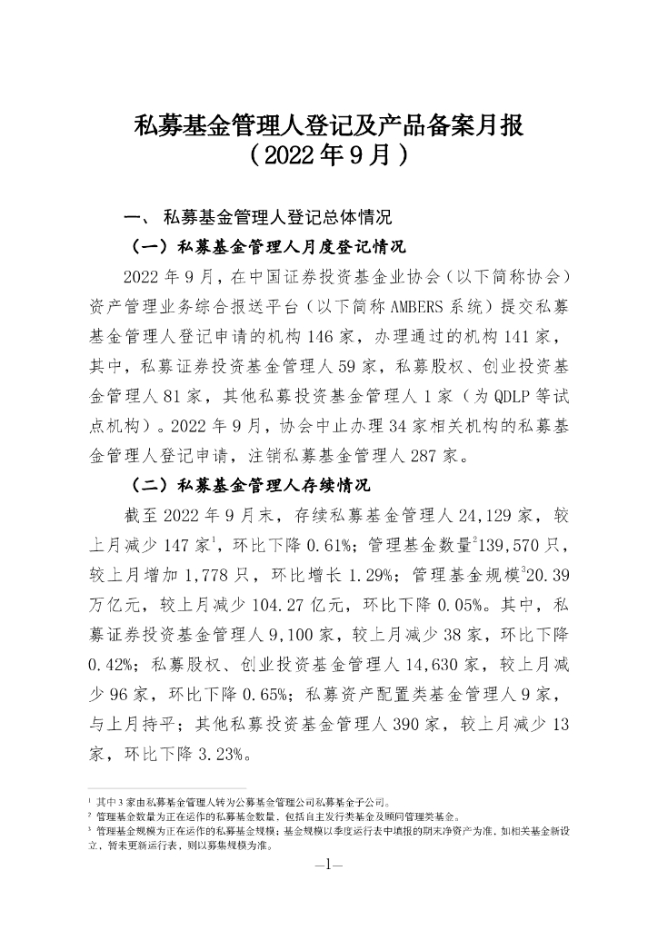 中国证券投资基金业协会：私募基金管理人登记及私募基金产品备案月报（2022年第9期）