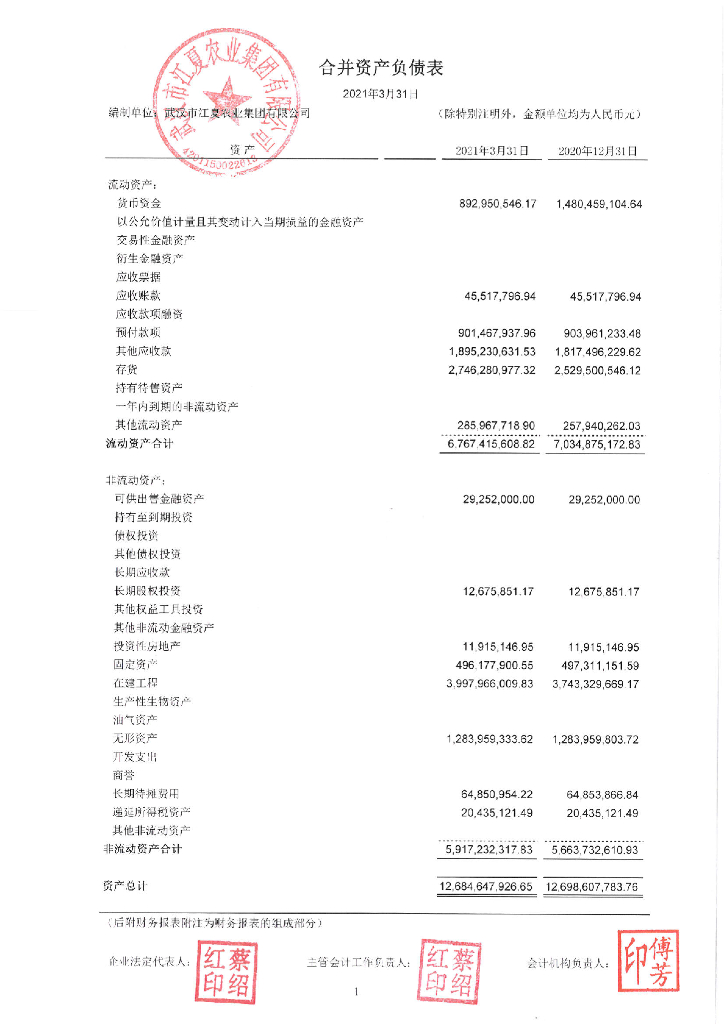 武汉市江夏农业集团有限公司2021年一季度合并及母公司财务报表