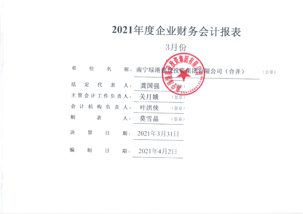 南宁绿港建设投资集团有限公司2021年一季度财务报表