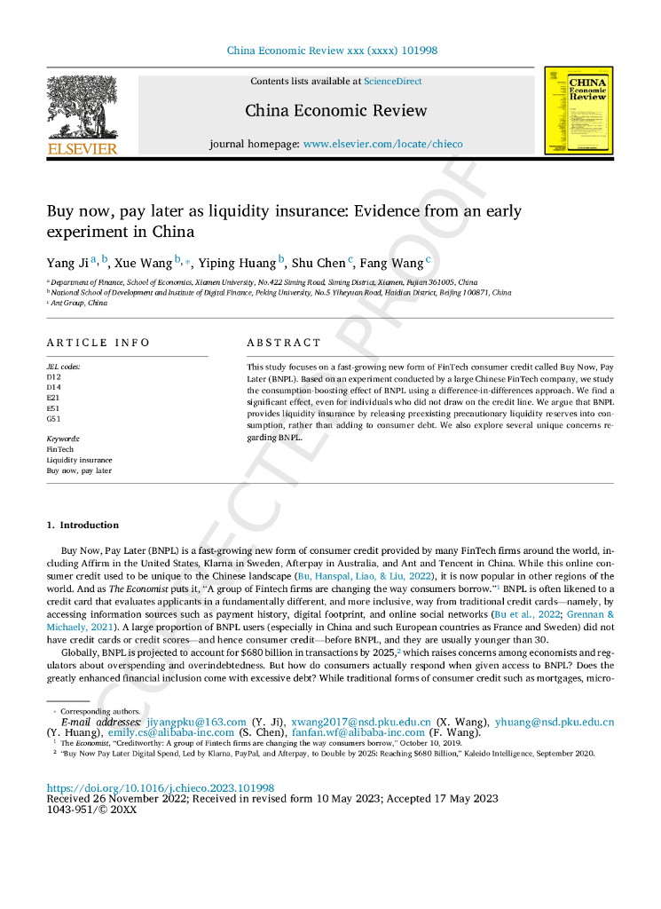 蚂蚁开放研究实验室： Buy now, pay later as liquidity insurance Evidence from an early experiment in China