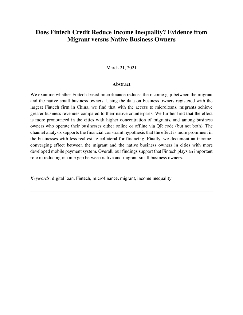 蚂蚁开放研究实验室：Does Fintech Credit Reduce Income Inequality Evidence from Migrant versus Native Business Owners