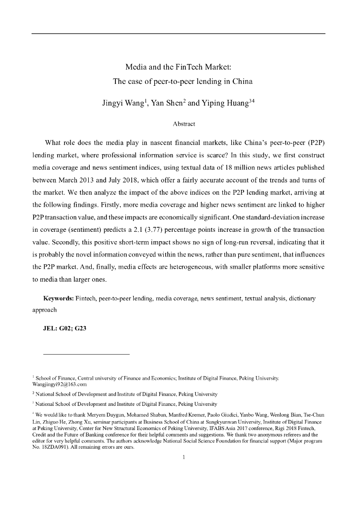 蚂蚁开放研究实验室：Media and the FinTech Market The case of peer-to-peer lending in China