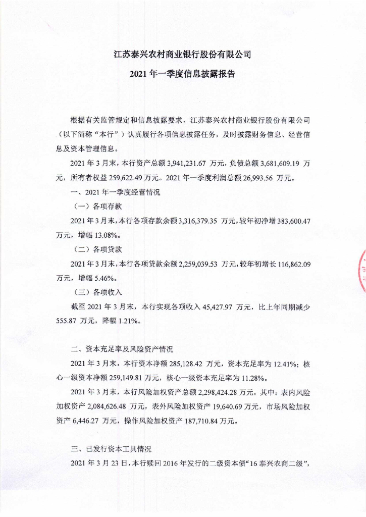 江苏泰兴农村商业银行股份有限公司2021年一季度信息披露报告