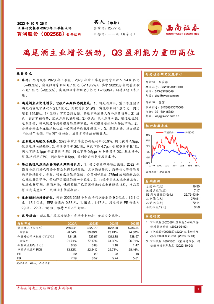 西南证券：百润股份（002568）-2023年三季报点评：鸡尾酒主业增长强劲，Q3盈利能力重回高位