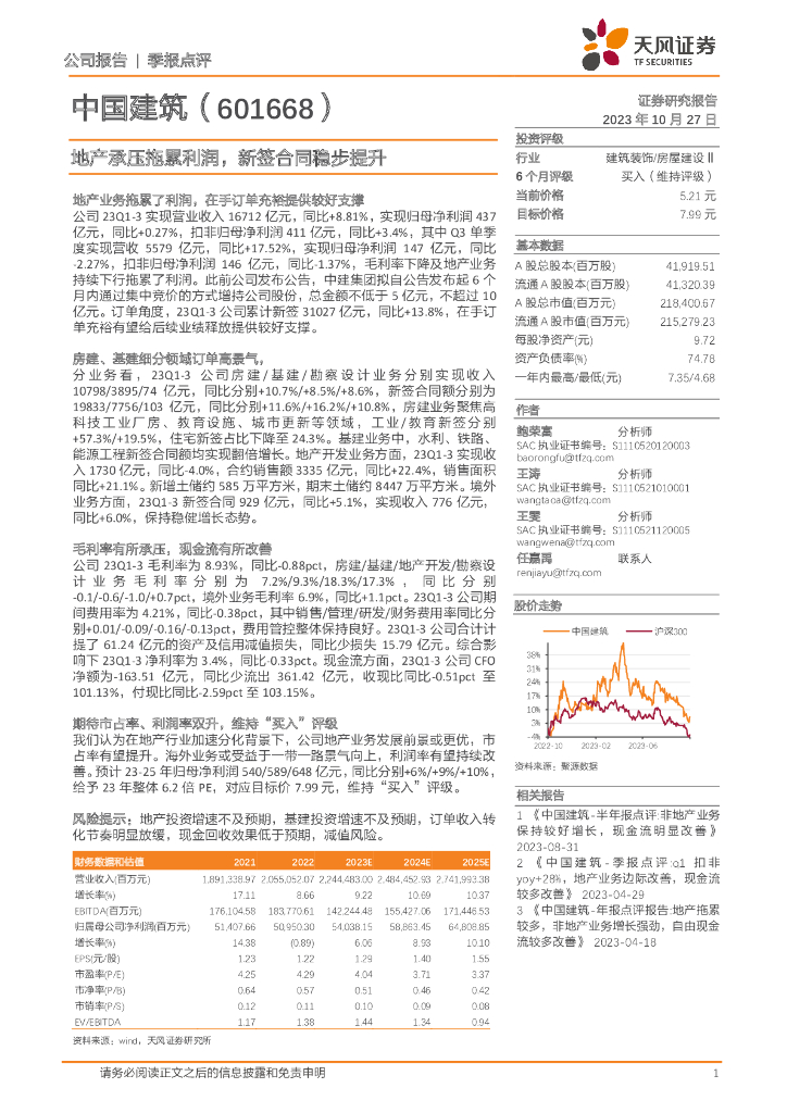天风证券：中国建筑（601668）-地产承压拖累利润，新签合同稳步提升