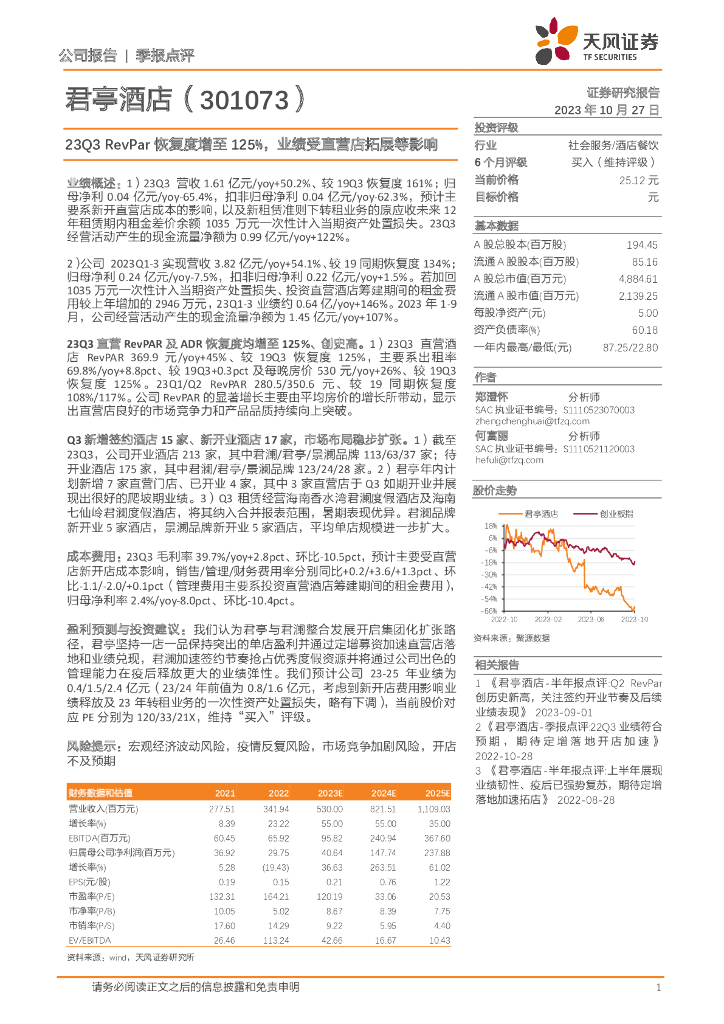 天风证券：君亭酒店（301073）-23Q3 RevPar恢复度增至125%，业绩受直营店拓展等影响