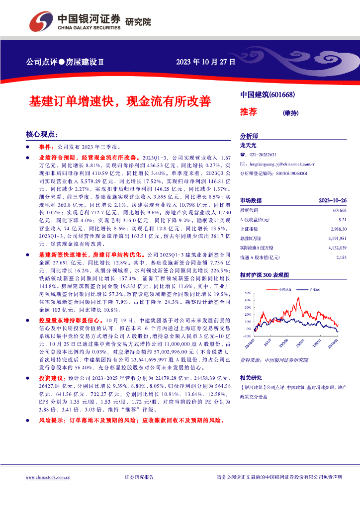 中国银河：【银河建筑】公司点评_中国建筑_基建订单增速快，现金流有所改善