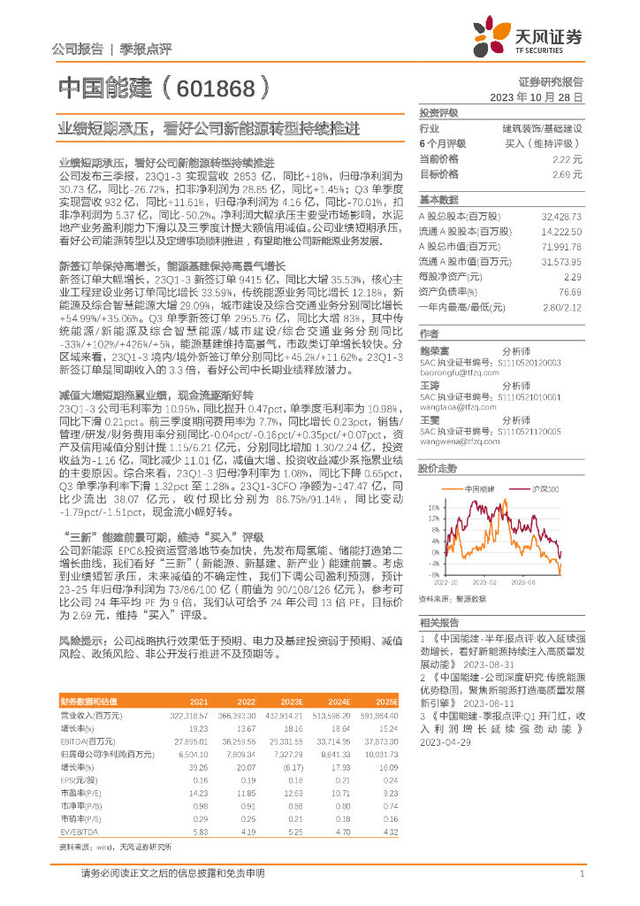 天风证券：中国能建（601868）-业绩短期承压，看好公司新能源转型持续推进