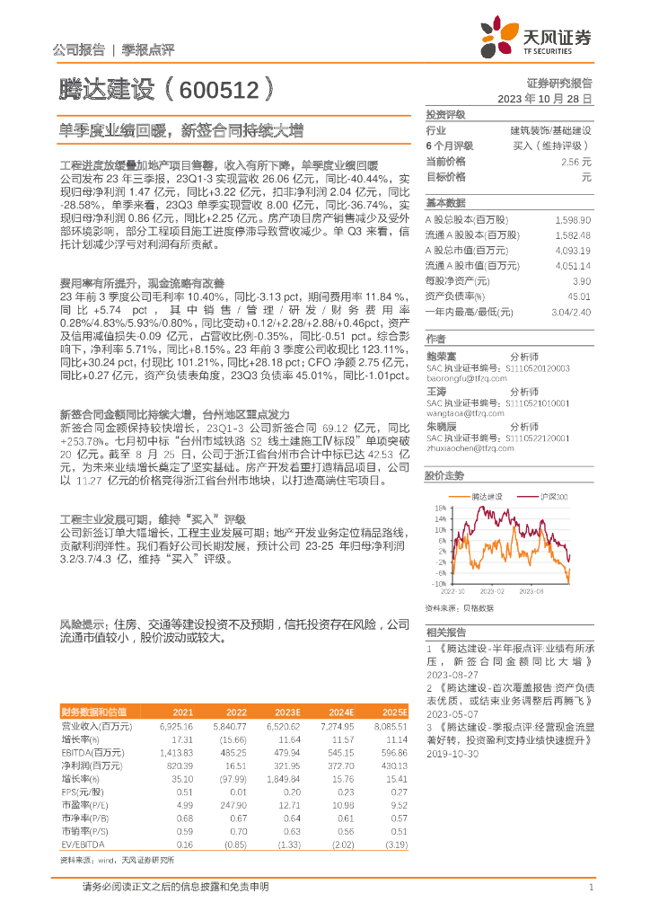 天风证券：腾达建设（600512）-单季度业绩回暖，新签合同持续大增