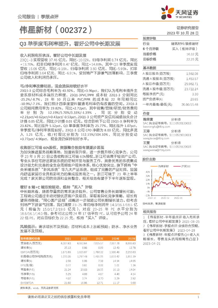 天风证券：伟星新材（002372）-Q3单季度毛利率提升，看好公司中长期发展