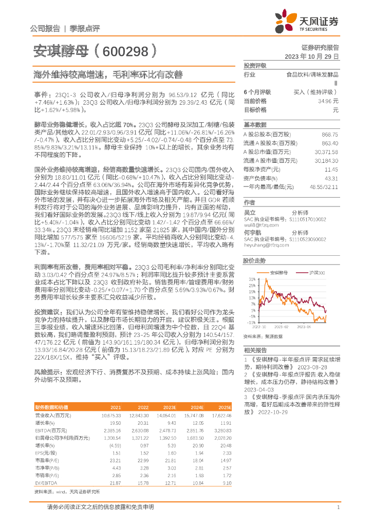 天风证券：安琪酵母（600298）-海外维持较高增速，毛利率环比有改善