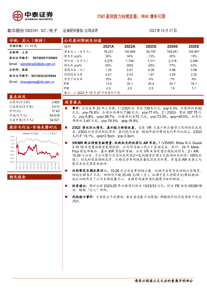 中泰证券：歌尔股份（002241）-23Q3盈利能力持续改善，VRAR增长可期