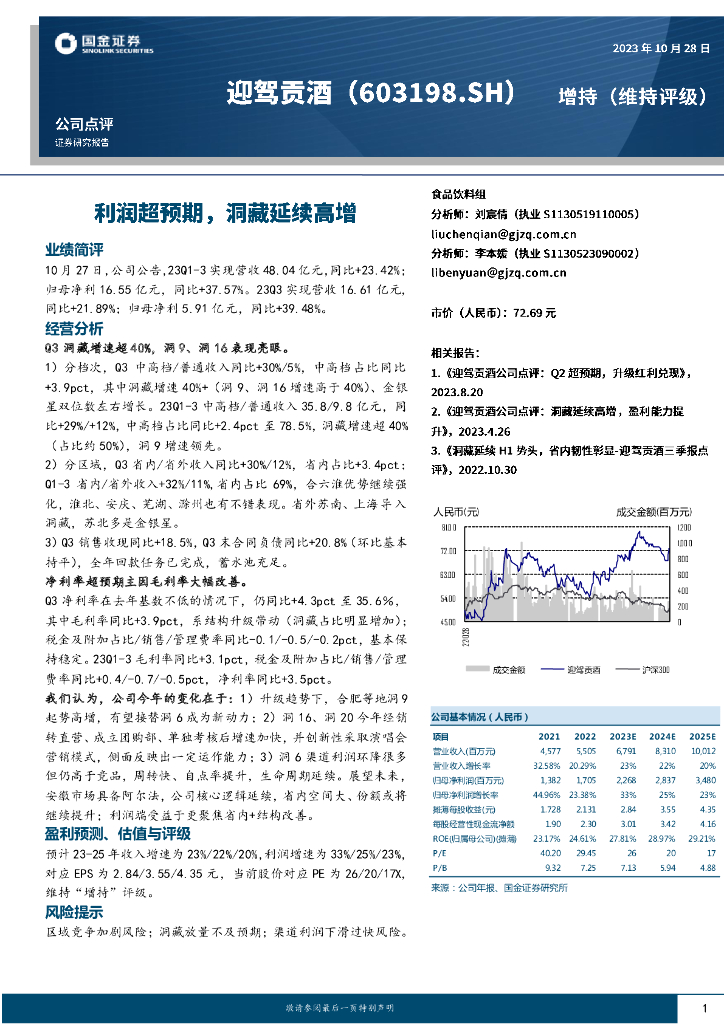 国金证券：迎驾贡酒（603198）-利润超预期，洞藏延续高增