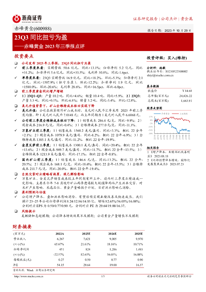 浙商证券：赤峰<em>黄金</em>2023年三季报点评：23Q3同比扭亏为盈