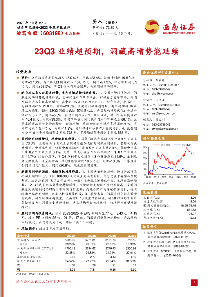 西南证券：迎驾贡酒（603198）-2023年三季报点评：23Q3业绩超预期，洞藏高增势能延续