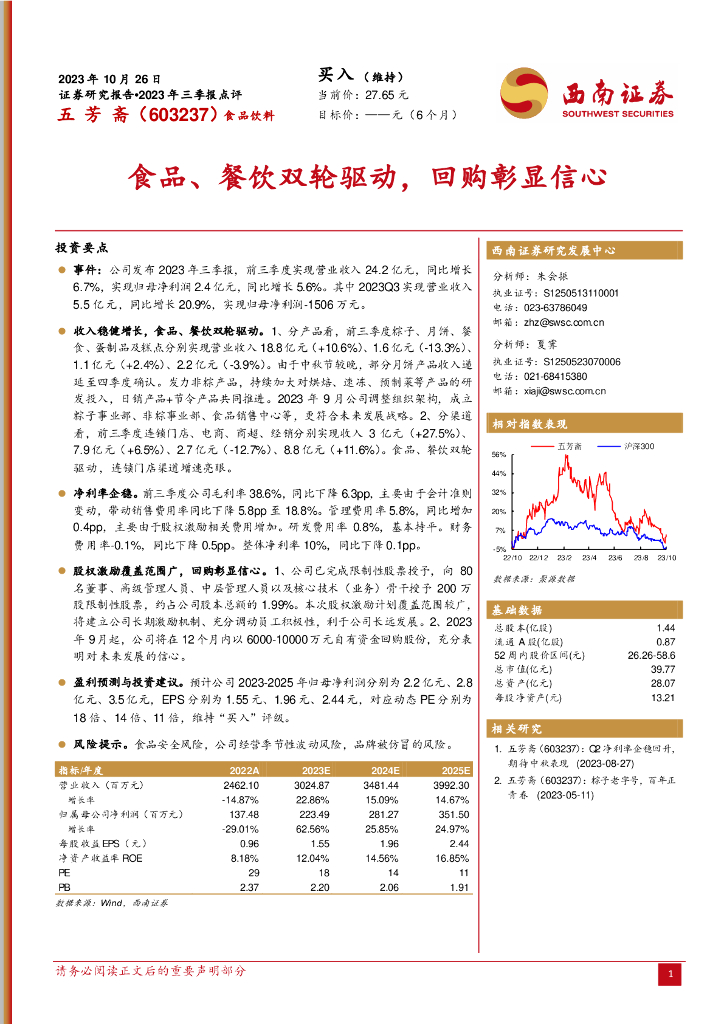 西南证券：五芳斋（603237）-2023年三季报点评：食品、餐饮双轮驱动，回购彰显信心