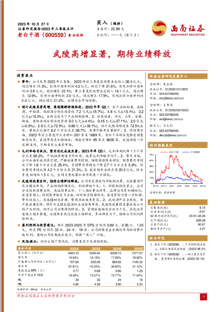西南证券：老白干酒（600559）-2023年三季报点评：武陵高增显著，期待业绩释放