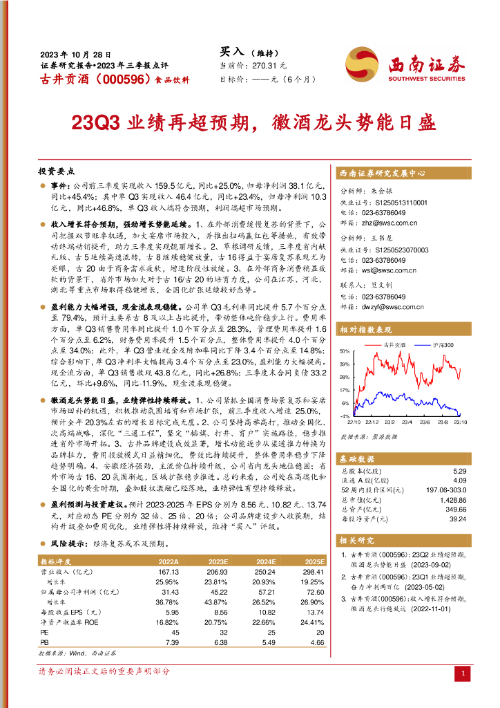 西南证券：古井贡酒（000596）-2023年三季报点评：23Q3业绩再超预期，徽酒龙头势能日盛