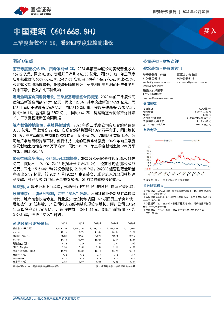 国信证券：中国建筑（601668）-三季度营收+17.5%，看好四季度业绩高增长