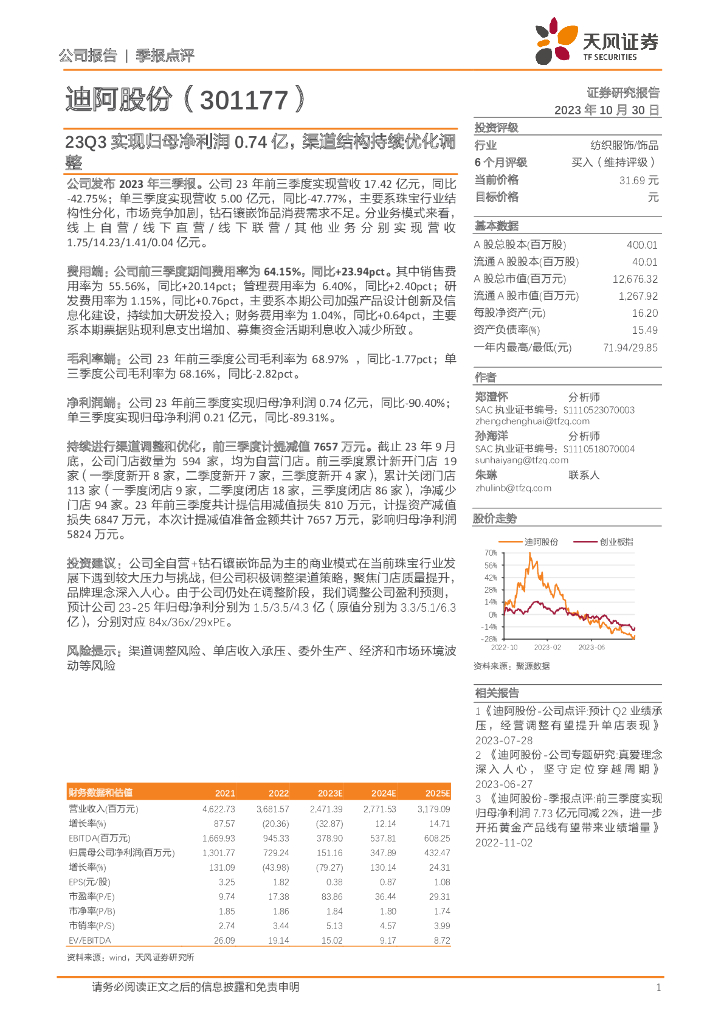 天风证券：迪阿股份（301177）-23Q3实现归母净利润0.74亿，渠道结构持续优化调整