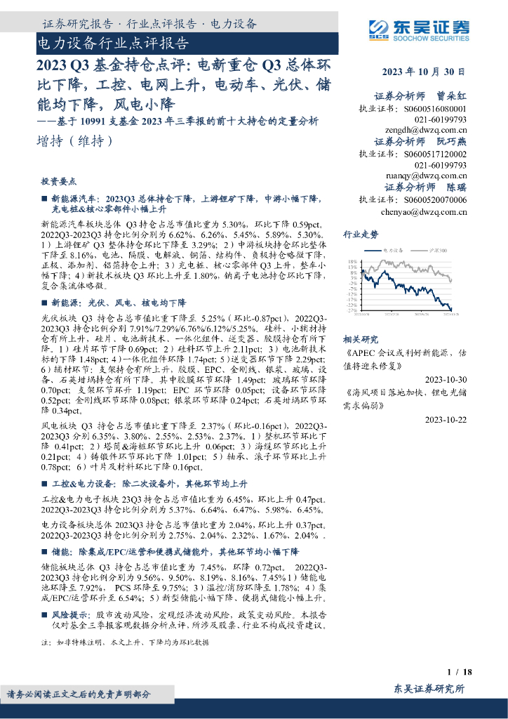 东吴证券：电力设备行业点评报告：基于10991支基金2023年三季报的前十大持仓的定量分析-2023Q3基金持仓点评：电新重仓Q3总体环比下降，工控、电网上升，电动车、光伏、储能均下降，风电小降