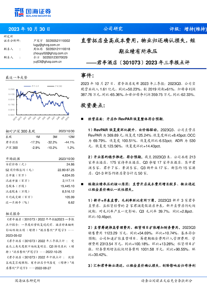 国海证券：君亭酒店（301073）-2023年三季报点评：直营拓店垒高成本费用，物业归还确认损失，短期业绩有所承压