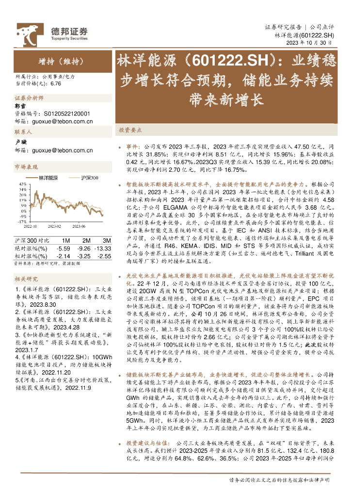 德邦证券：林洋能源（601222）-业绩稳步增长符合预期，储能业务持续带来新增长