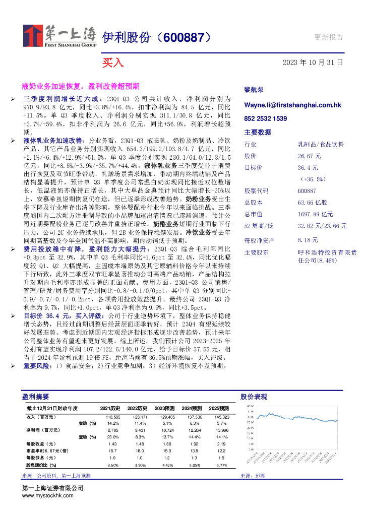 第一上海证券：伊利股份（600887）-液奶业务加速恢复，盈利改善超预期