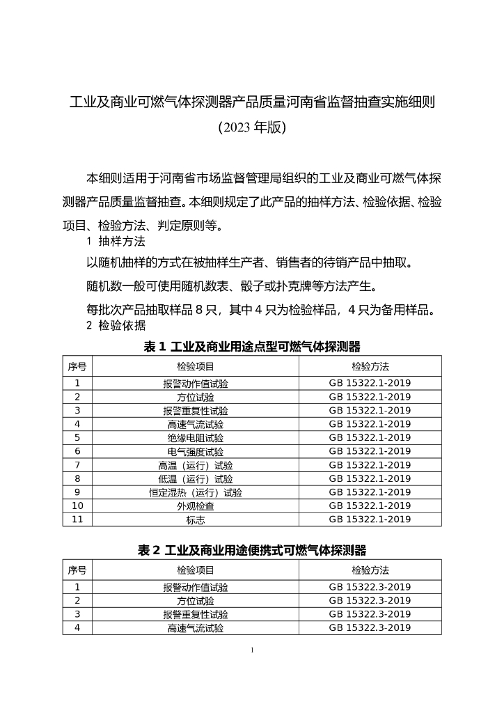 河南省市场监督管理局：工业及商业可燃气体探测器产品质量河南省监督抽查实施细则（2023年版）