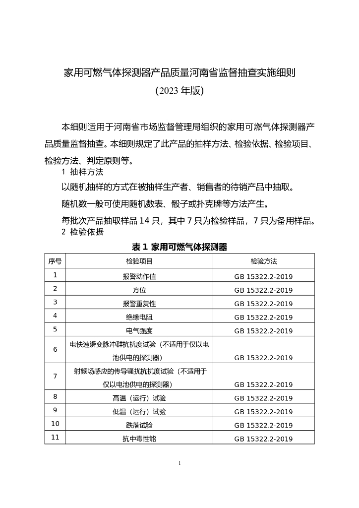 河南省市场监督管理局：家用可燃气体探测器产品质量河南省监督抽查实施细则（2023年版）