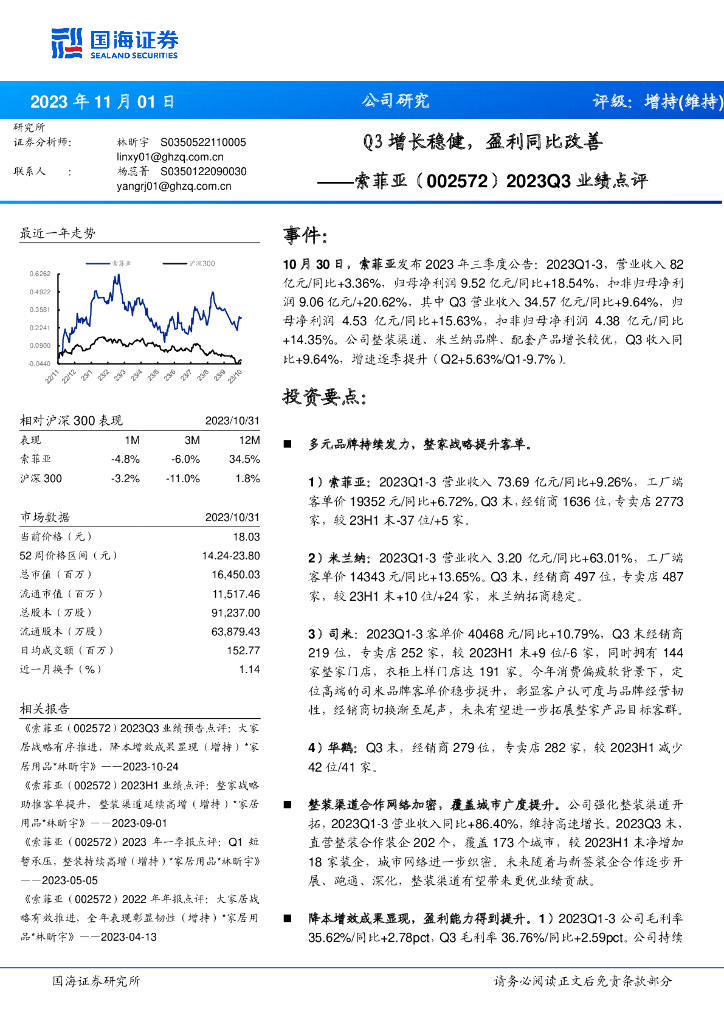 国海证券：索菲亚（002572）-2023Q3业绩点评：Q3增长稳健，盈利同比改善