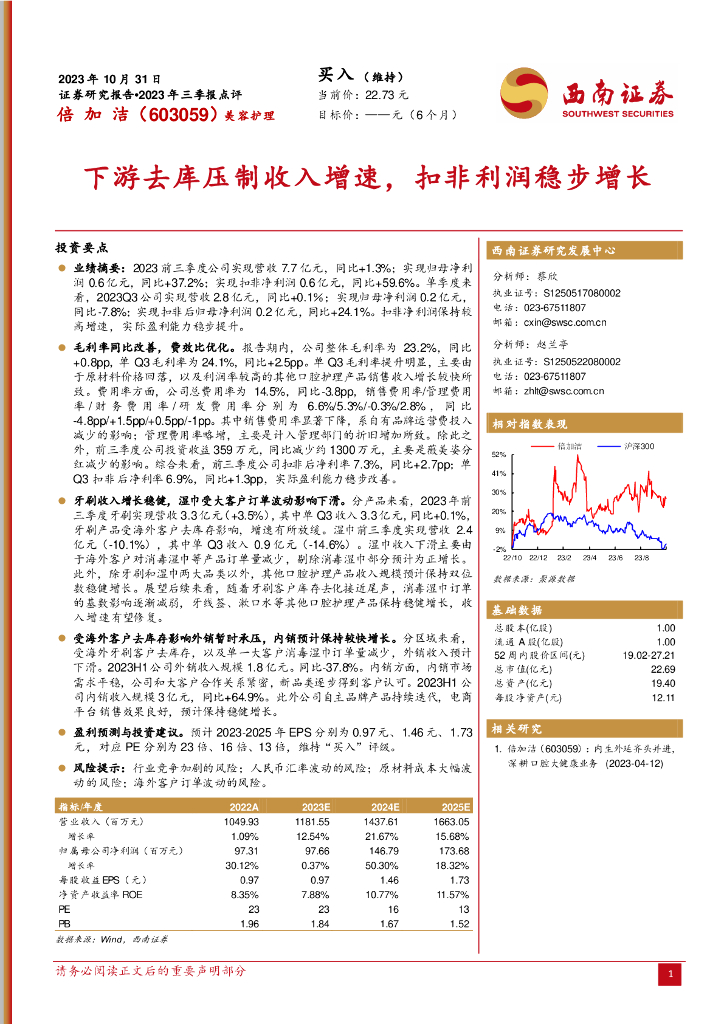 西南证券：倍加洁（603059）-2023年三季报点评：下游去库压制收入增速，扣非利润稳步增长