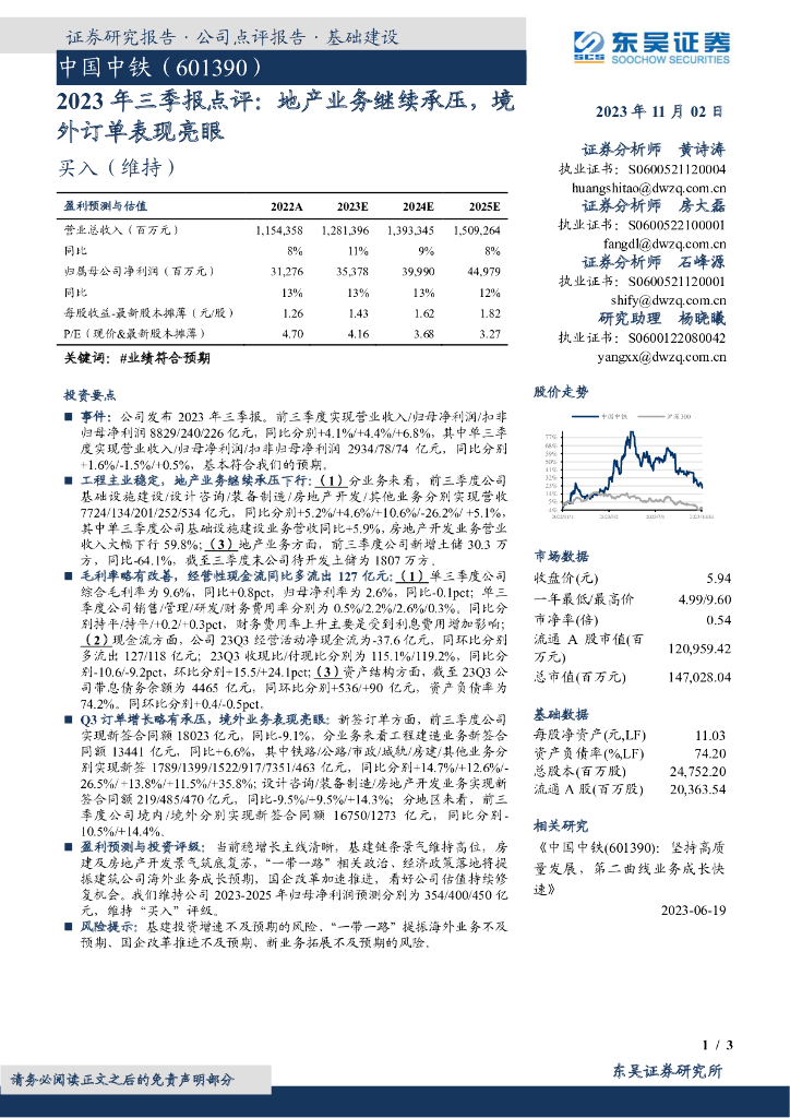 东吴证券：中国中铁（601390）-2023年三季报点评：地产业务继续承压，境外订单表现亮眼