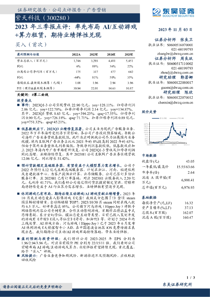 东吴证券：紫天科技（300280）-2023年三季报点评：率先布局／AI互动游戏+算力租赁，期待业绩弹性兑现