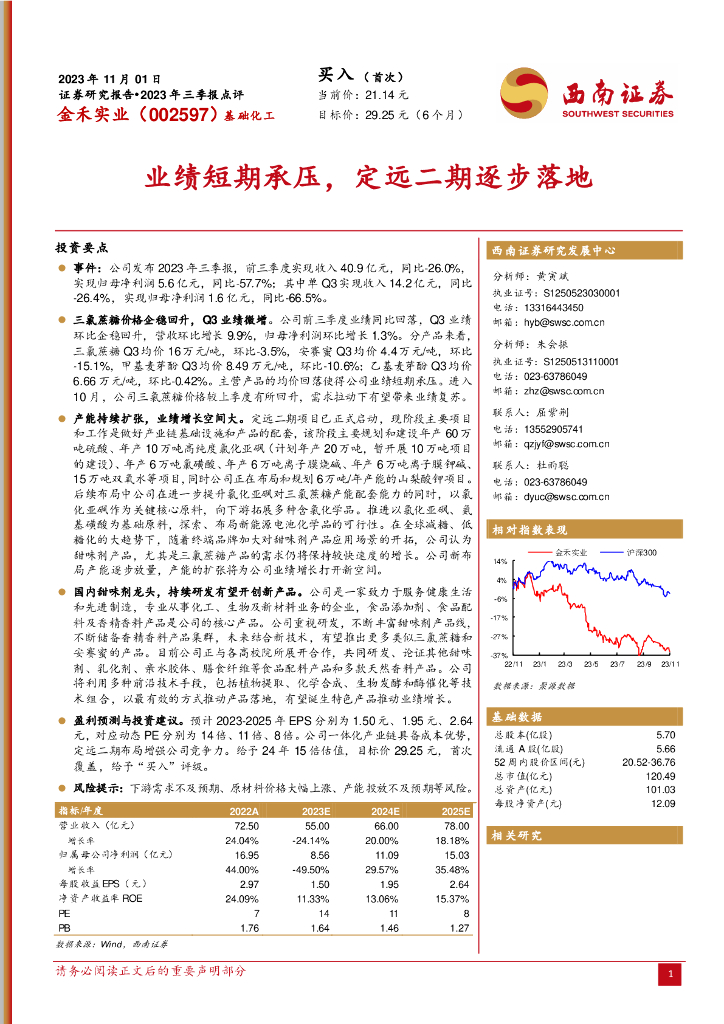 西南证券：金禾实业（002597）-2023年三季报点评：业绩短期承压，定远二期逐步落地