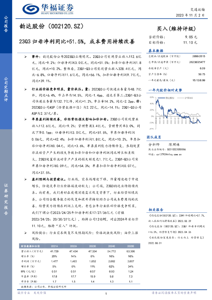 华福证券：韵达股份（002120）-23Q3归母净利同比+51.5%，成本费用持续改善
