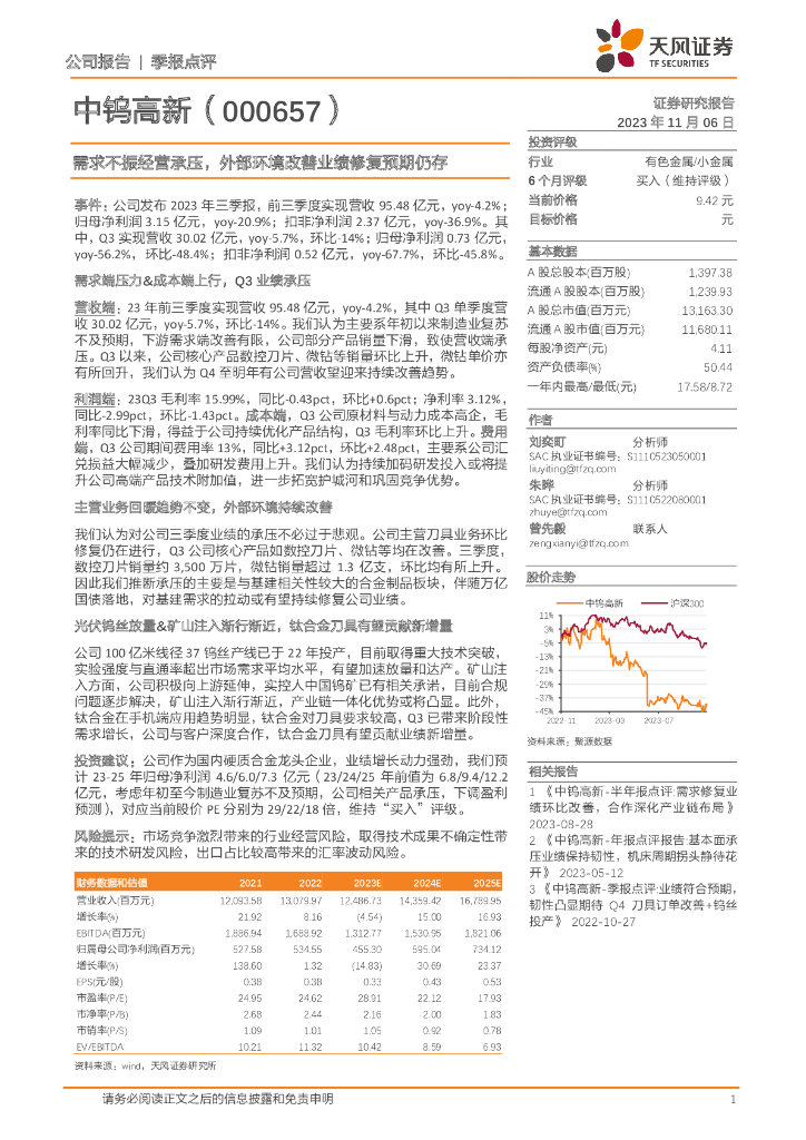 天风证券：中钨高新（000657）-需求不振经营承压，外部环境改善业绩修复预期仍存
