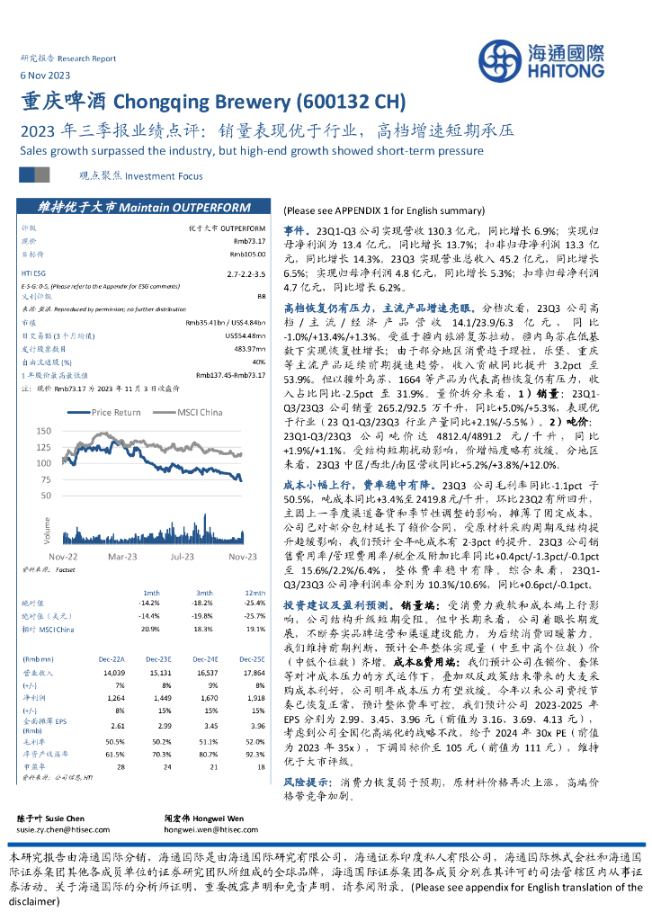 海通国际：重庆啤酒（600132）-2023年三季报业绩点评：销量表现优于行业，高档增速短期承压