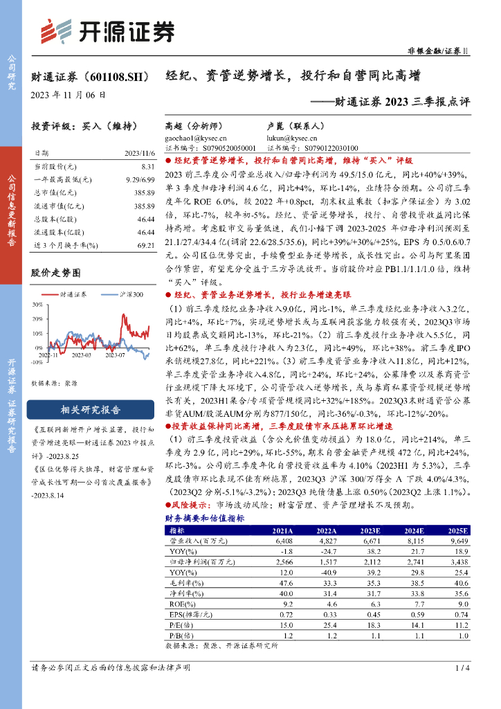 开源证券：财通证券（601108）-2023三季报点评：经纪、资管逆势增长，投行和自营同比高增