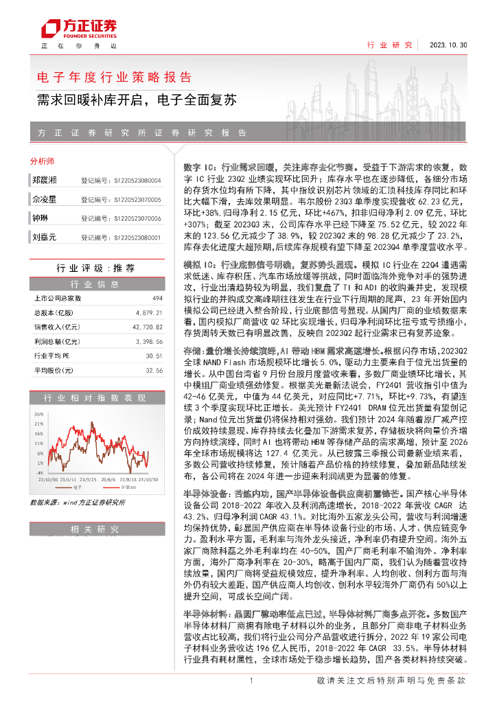 方正证券：电子行业年度策略报告：需求回暖补库开启，电子全面复苏