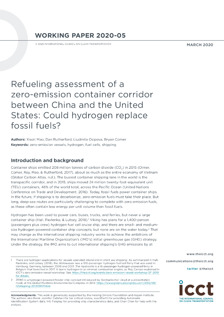 国际清洁交通委员会：Refueling assessment of a zero-emission container corridor between China and the United States： Could hydrogen replace fossil fuels？