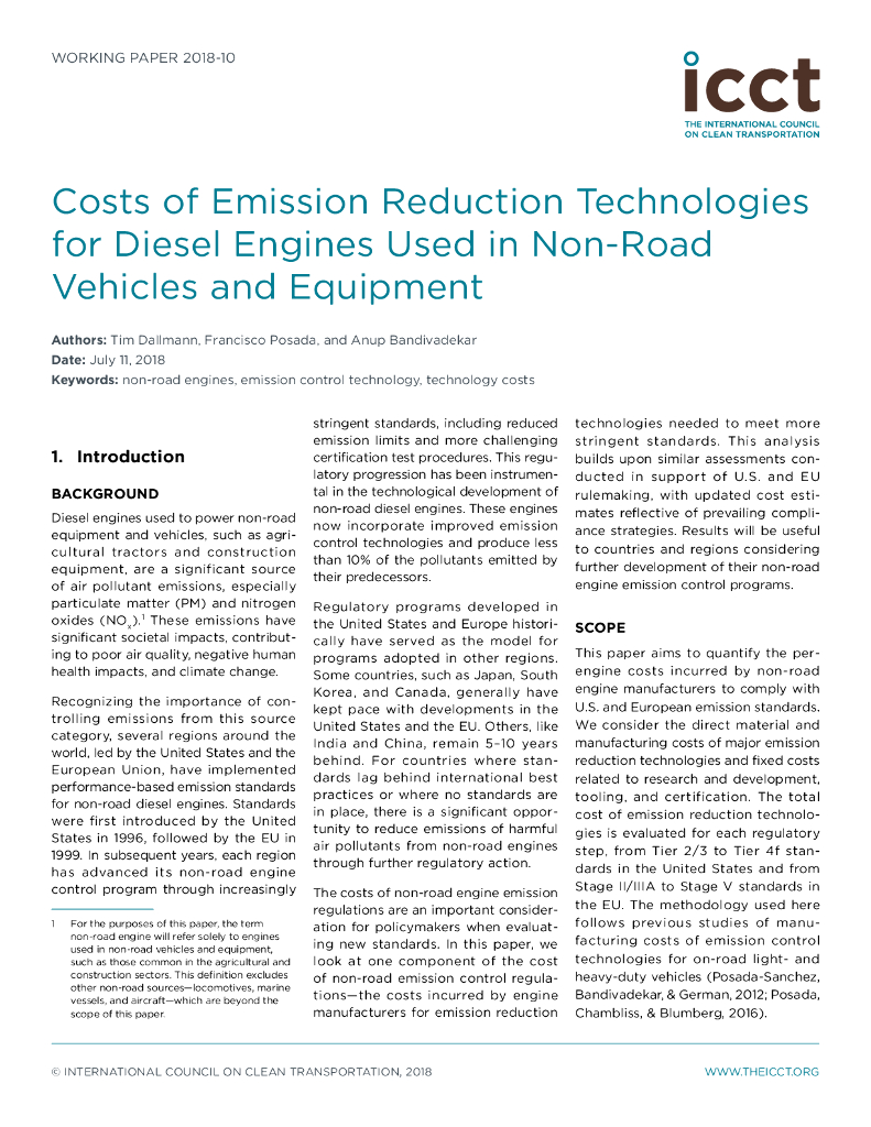 国际清洁交通委员会：Costs of Emission Reduction Technologies for Diesel Engines Used in Non-Road Vehicles and Equipment