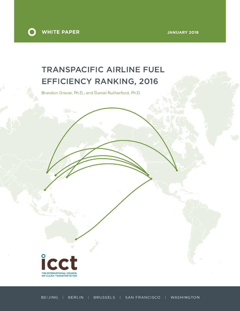 国际清洁交通委员会：Transpacific airline fuel efficiency ranking, 2016