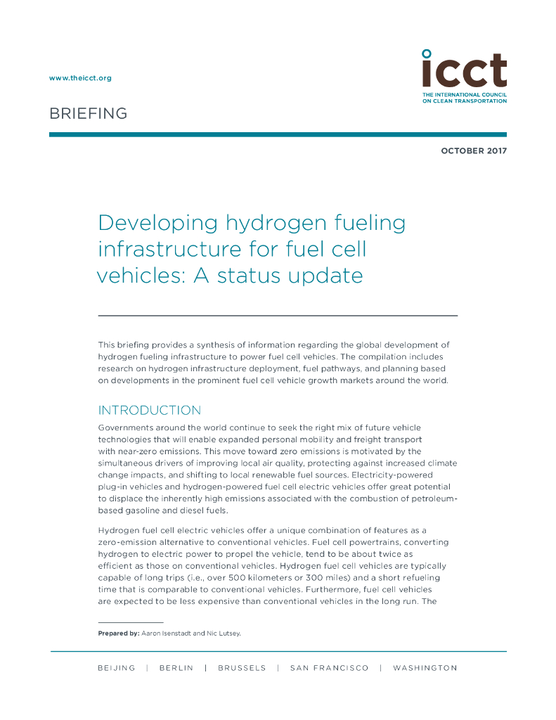 国际清洁交通委员会：Developing hydrogen fueling infrastructure for fuel cell vehicles： A status update