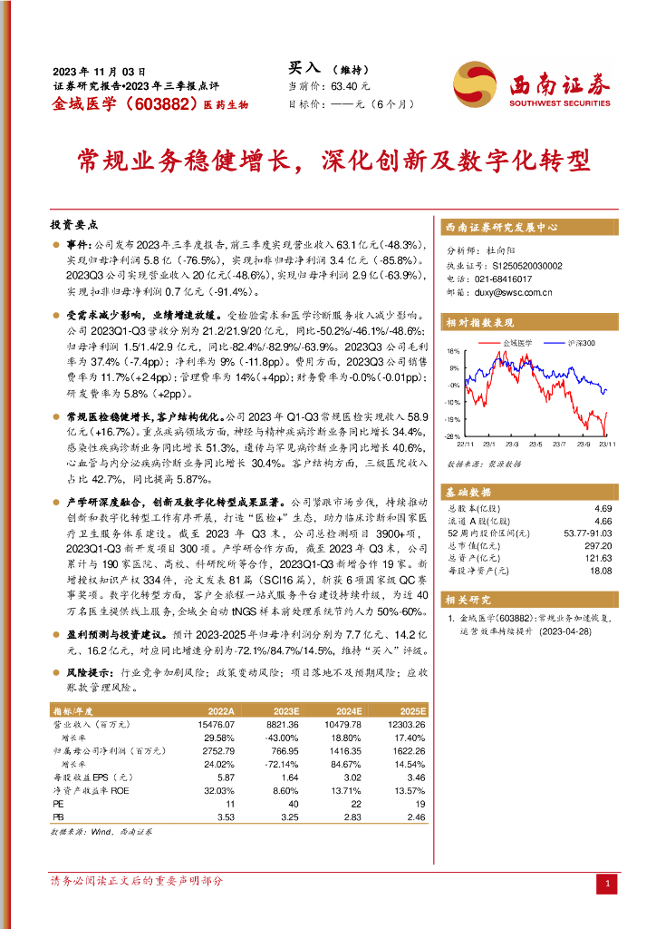 西南证券：金域医学（603882）-2023年三季报点评：常规业务稳健增长，深化创新及<em>数<em>字化</em></em><em>转型</em> 海报