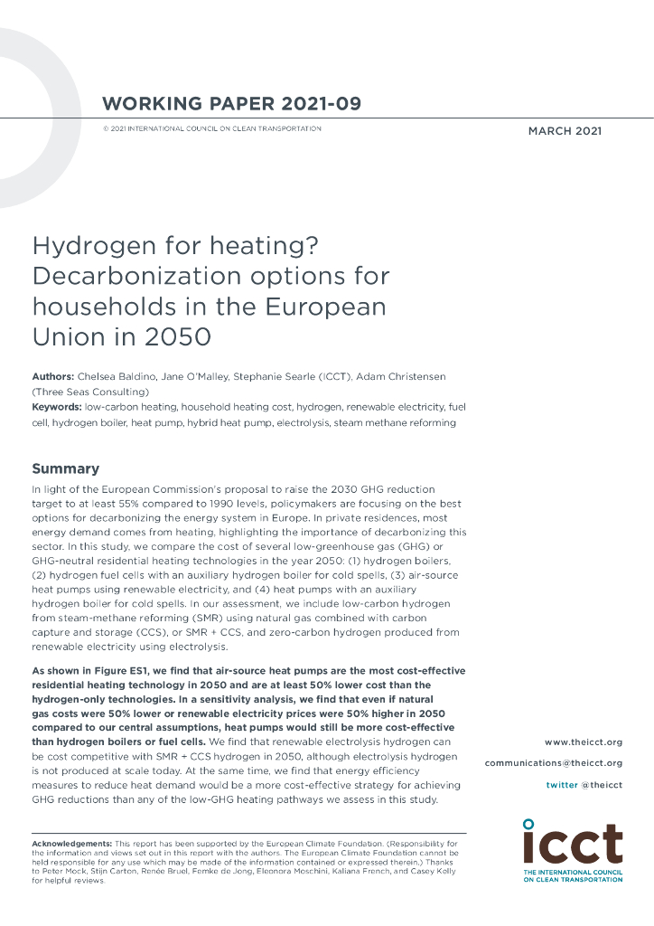 国际清洁交通委员会：Hydrogen for heating？Decarbonization options for households in the European Union in 2050
