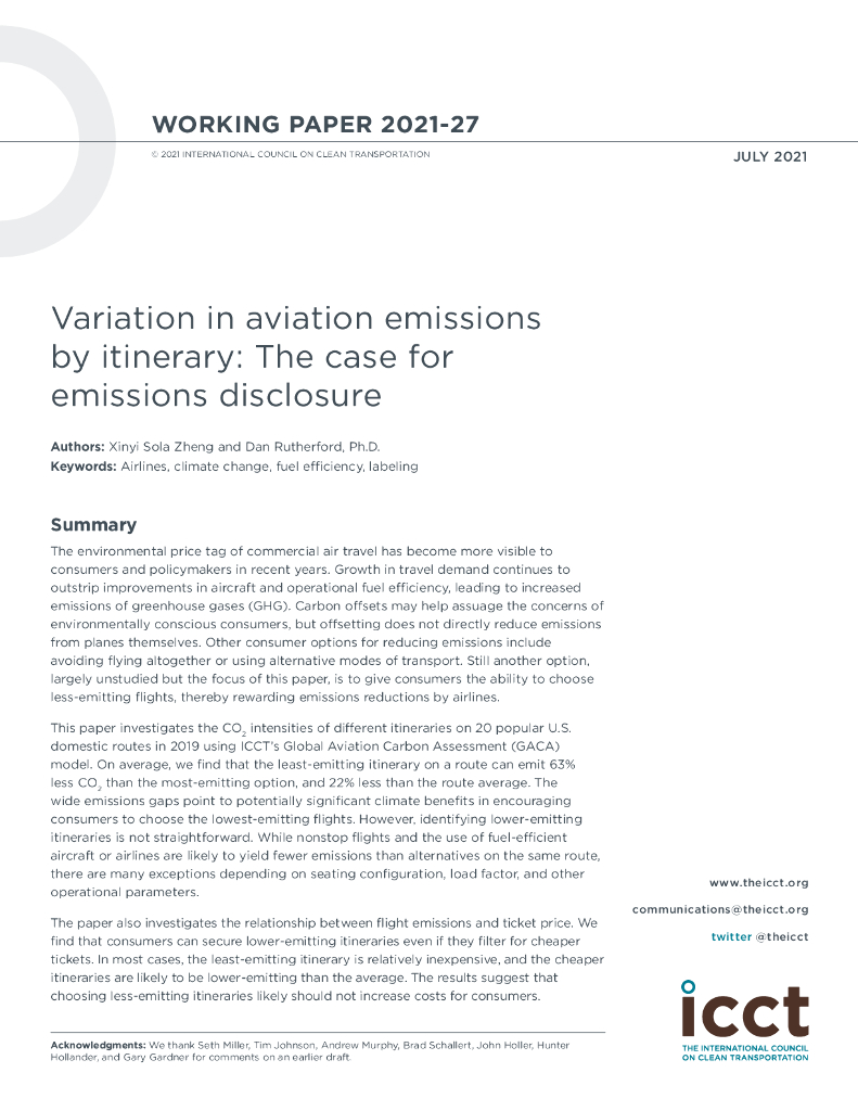 国际清洁交通委员会：Variation in aviation emissions by itinerary：The case for emissions disclosure